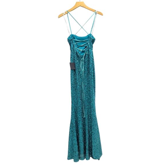 Lulus Glowing Praise Teal Blue Sequin Lace-Up Maxi Dress size Small NWT - Picture 8 of 8